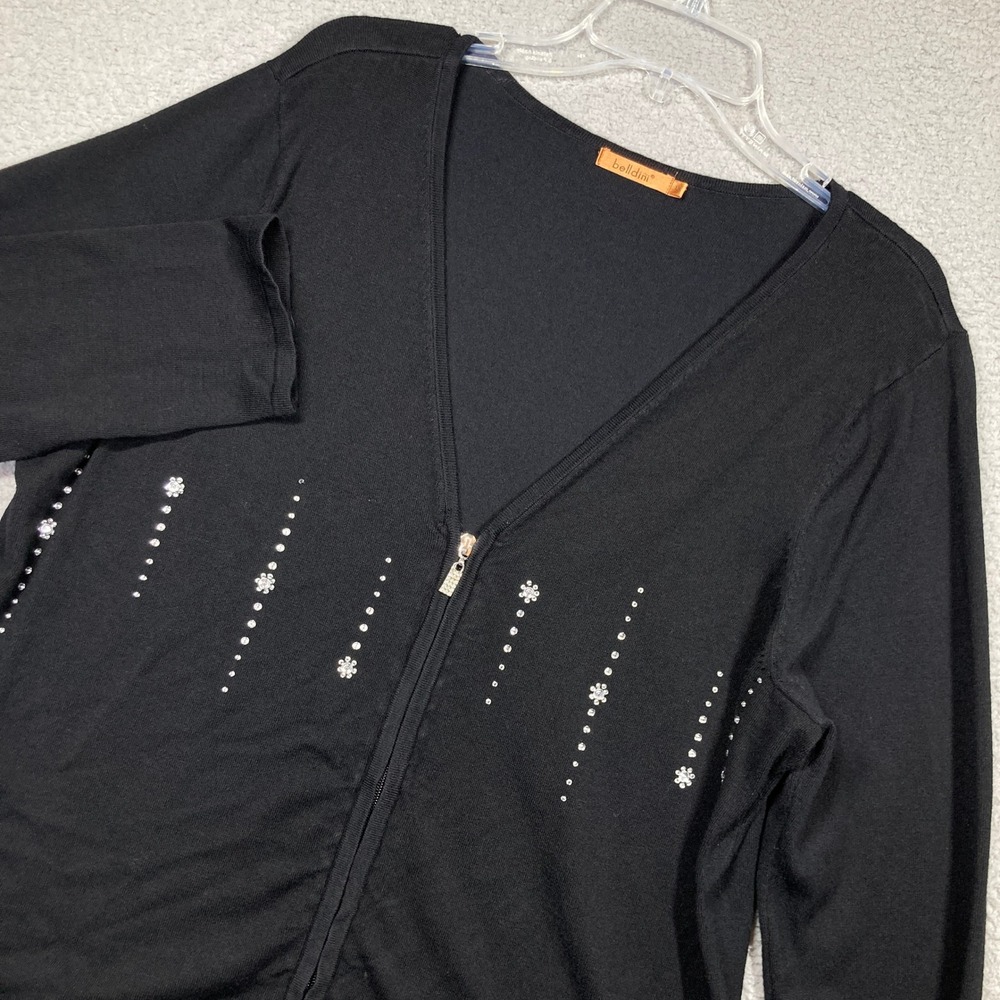 Belldini Cardigan Women 1X Black Rhinestone Embellished Zip Front Sweater  FLAW